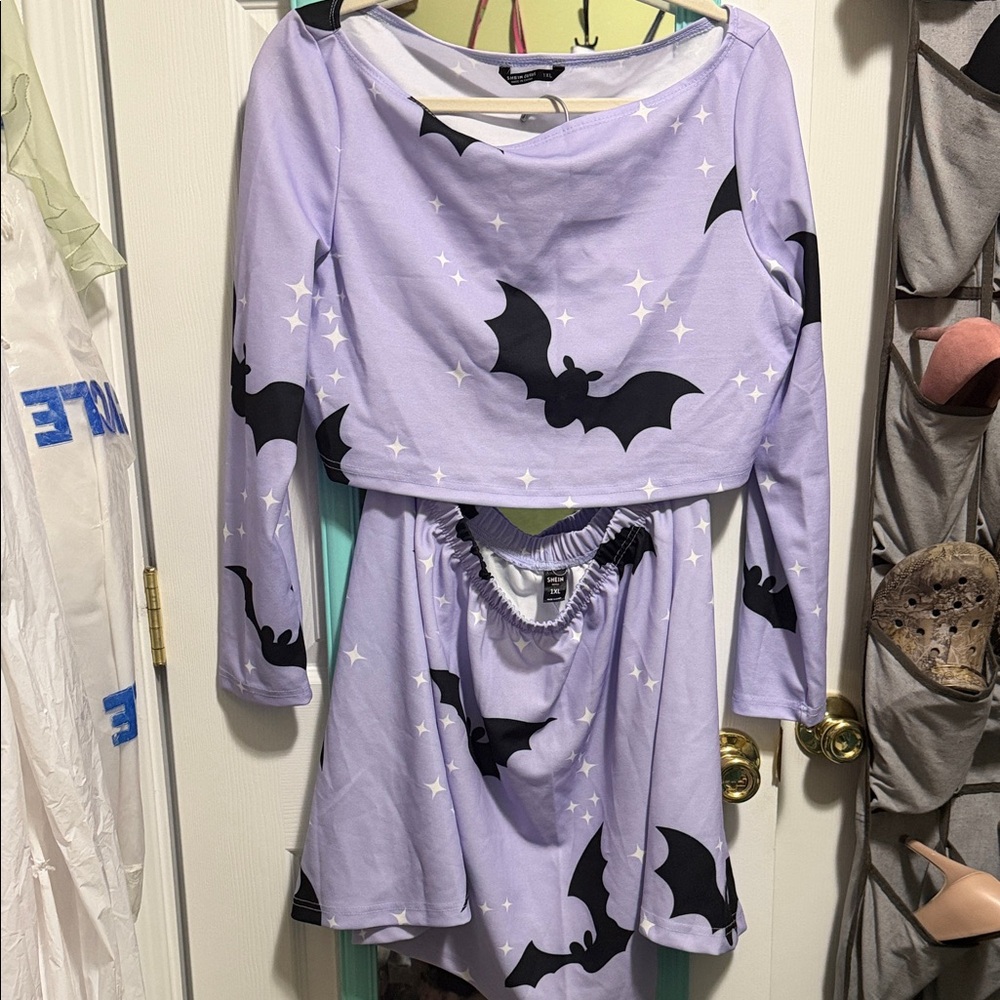 SHEIN Lilac Bat Print 2-Piece Set | Crop Top & Skirt | Halloween Plus Size 1X